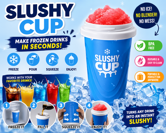 Blue Slushy Cup with features and benefits on a blue background
